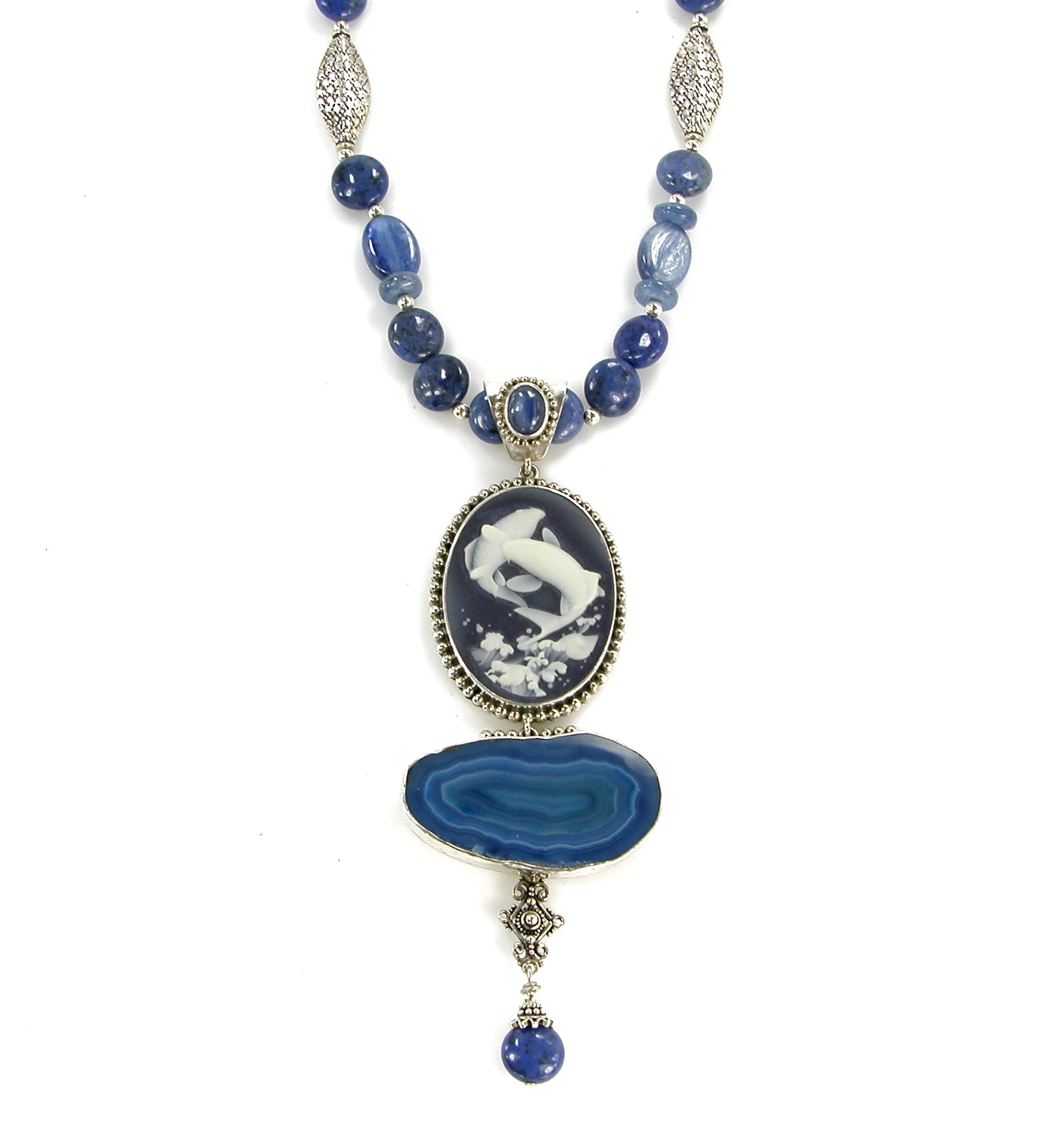 Carved Sealife Cameo Agate Sterling Silver Necklace and Pendant