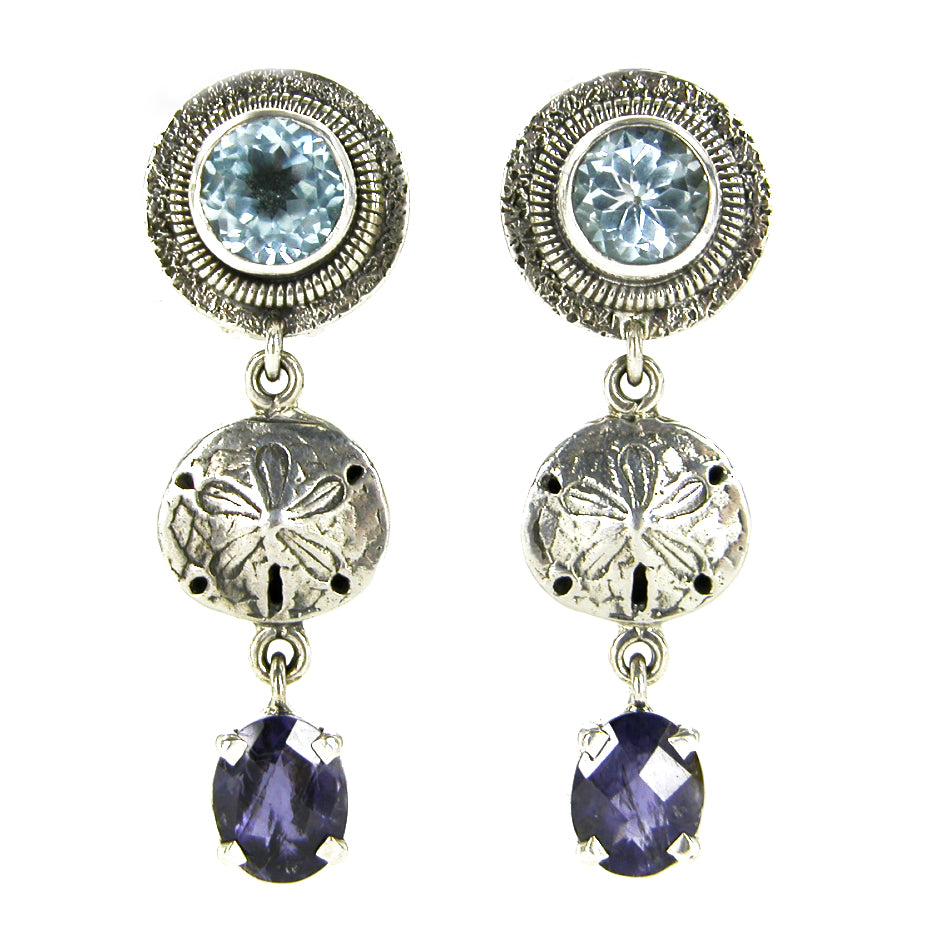 8934 Lolite and Blue Quartz Sand Dollar Dangle Sterling Silver Earrings