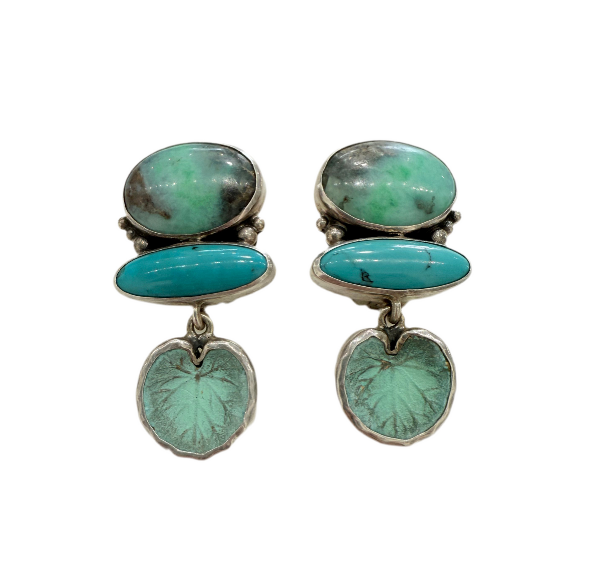 28983 Turquoise, Chrysocolla, Sterling Silver Lily Pad Earrings