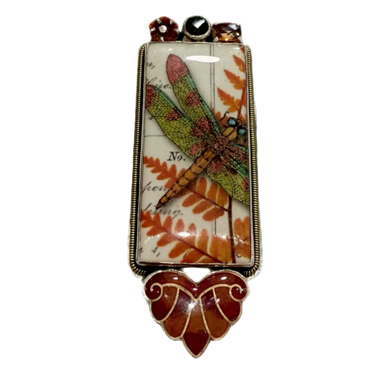 31933 Hand Enamel Dragonfly Tile, Carnelian, Sterling Silver Pin and Pendant