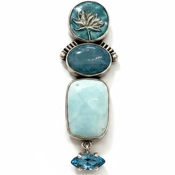 31496 Larimar Aquamarine Lotus Sterling Silver Pin and Pendant