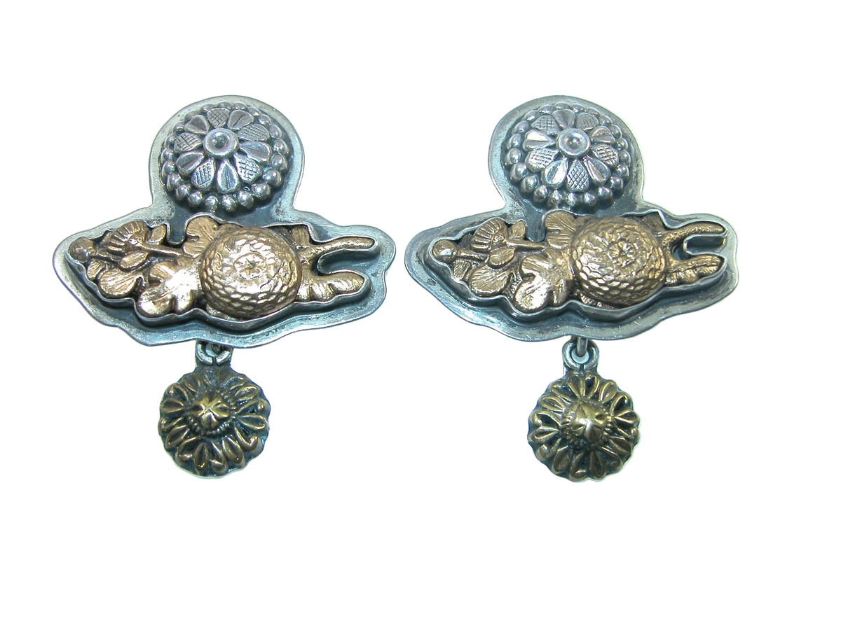 3494 Japanese Menuki Sword, Brass Sterling Silver Earrings
