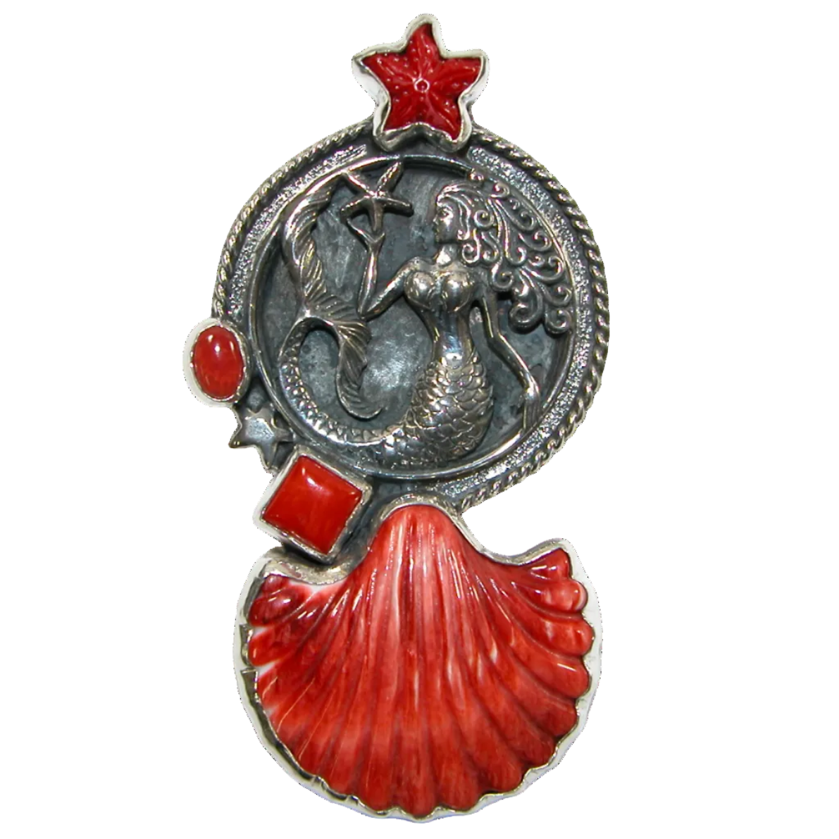 34413 Spiny Oyster Shell, Coral, Mermaid, Sterling Silver Pin/Pendant