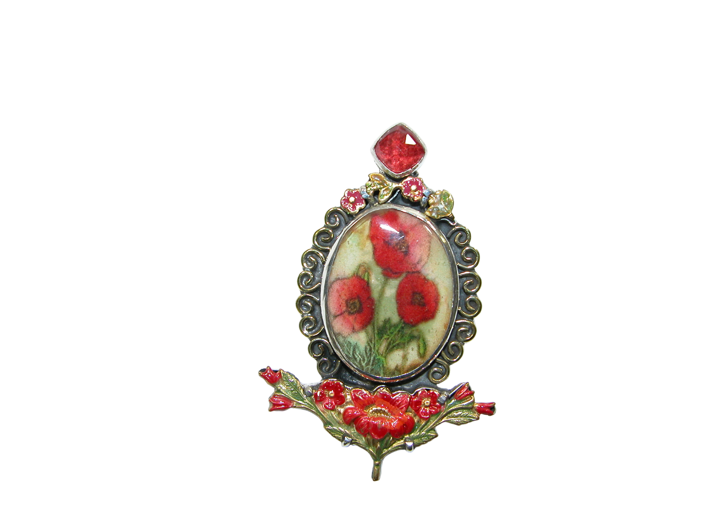 34411A Poppy Tiles with Enameling Sterling Silver Pin Pendant