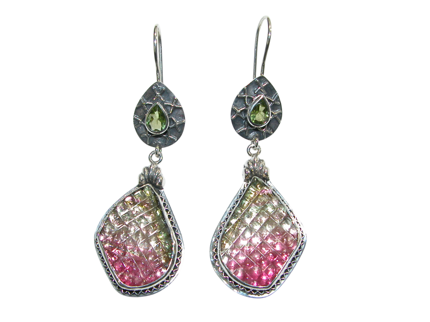 34373 Green Peridot Carved Tourmaline Sterling Silver Earring