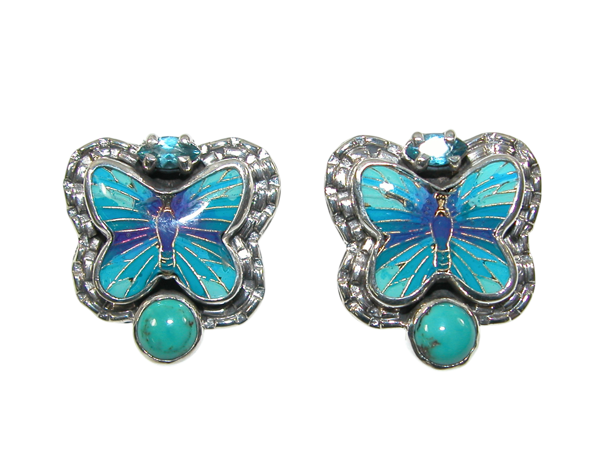 34388 Enameled Butterfly with Turquoise Sterling Silver Earring