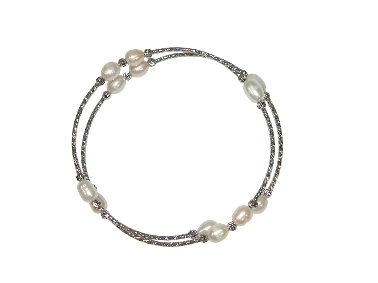 B5083 White Silver Tone Freshwater Pearl Memory Wire Bracelet