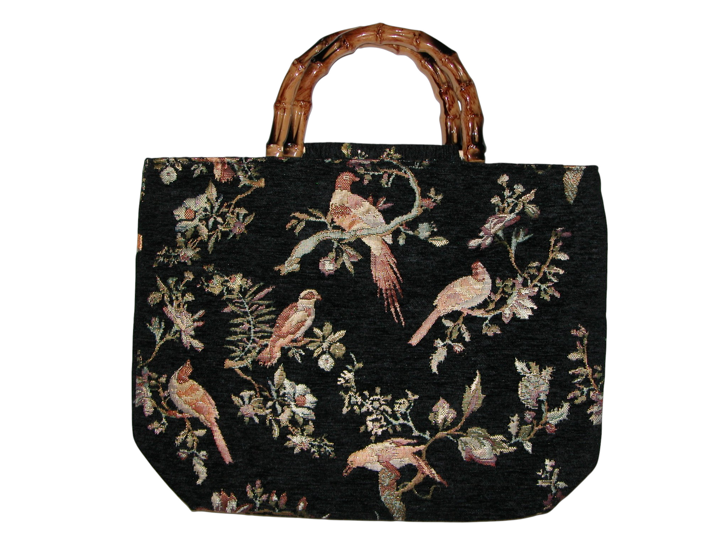 Bamboo Handbag Black and Gold Jaccard Print with Birds GF4915