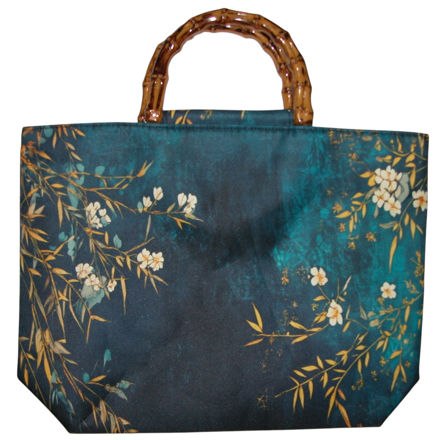 Bamboo Handle Dark Blue Floral Tote Bag GF4922