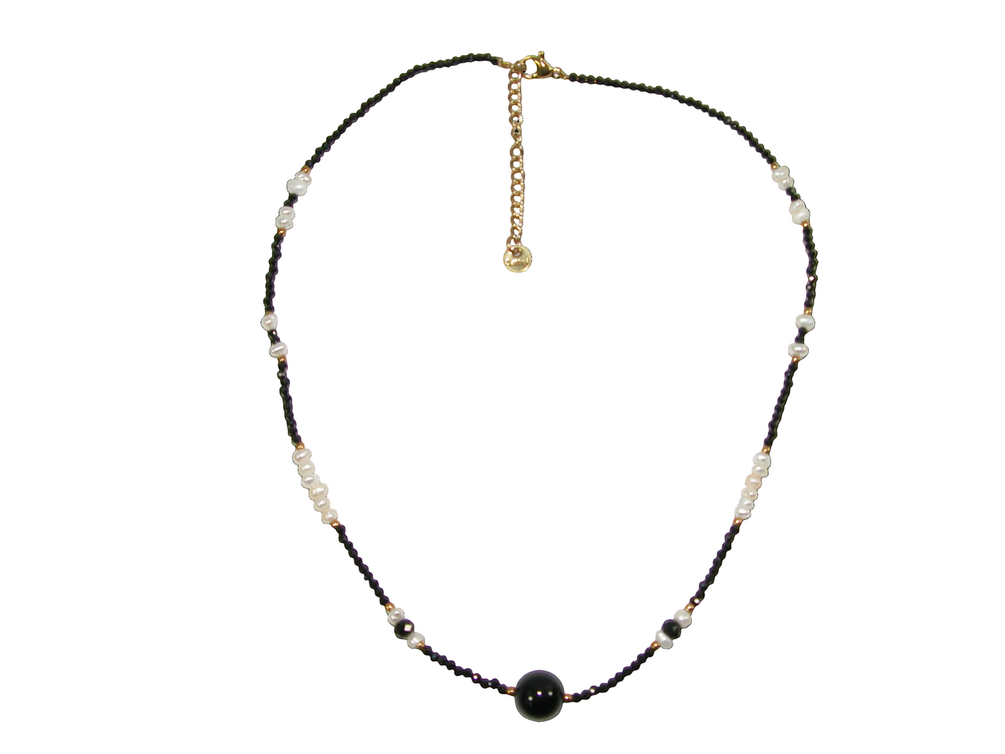 Faceted Black Bead Pearl Gold Bead Choker Necklace GF3613