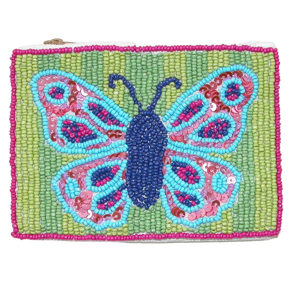 Hand Beaded Coin Purse GF5423 Green Purple Butterfly