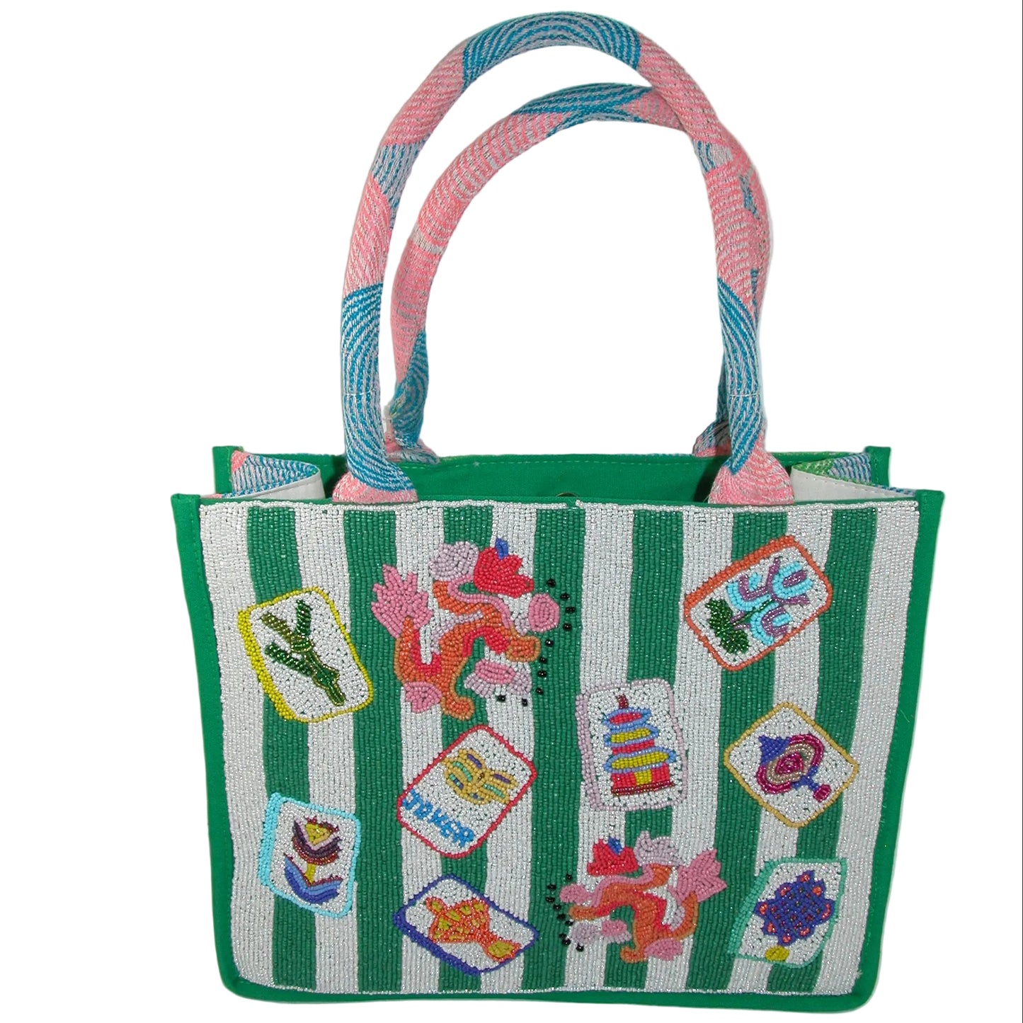 Beaded Mahjong Green Stripe Tote GF4968