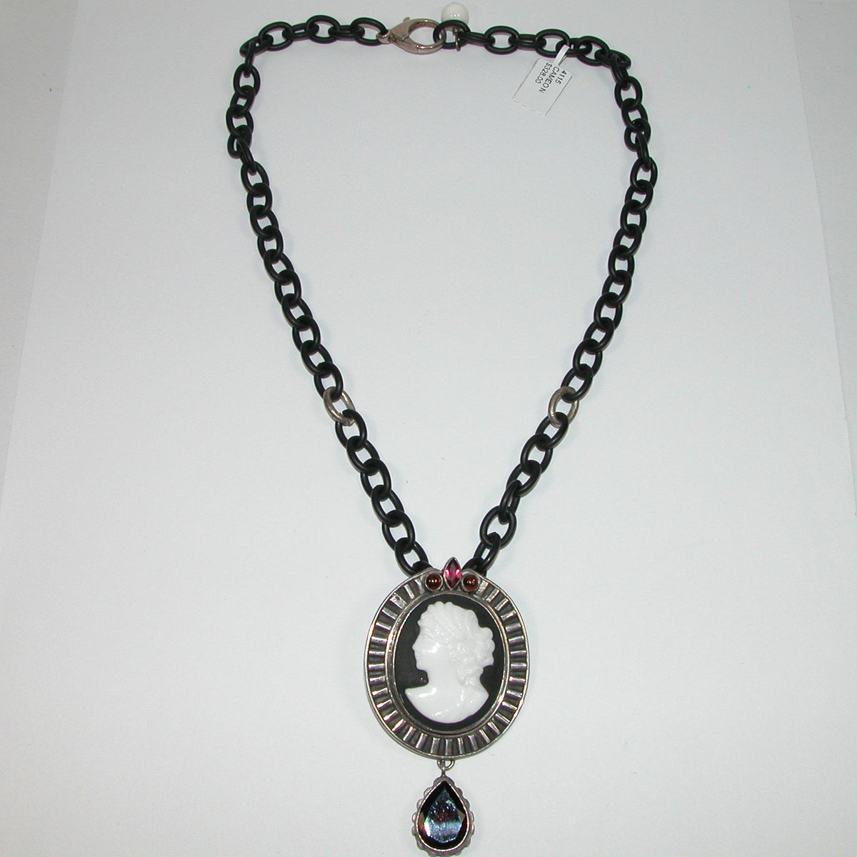 4115 Hand-Carved Cameo Necklace on a Matte Black Chain