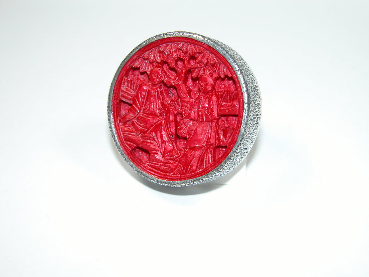 40243 Carved Antique Game Piece Adjustable Ring Sterling Silver