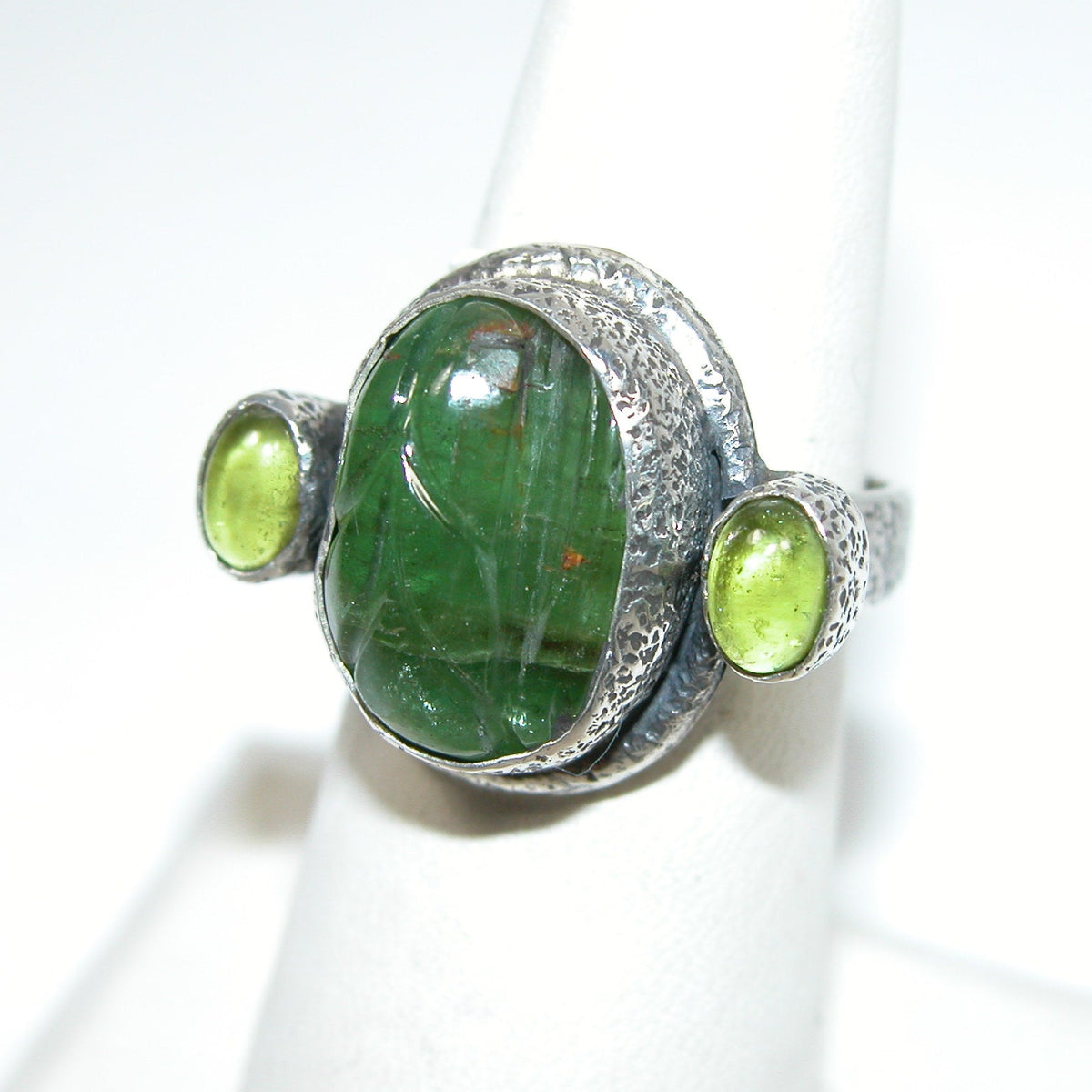 40224 Carved Green Tourmaline Peridot Sterling Silver Adjustable Ring