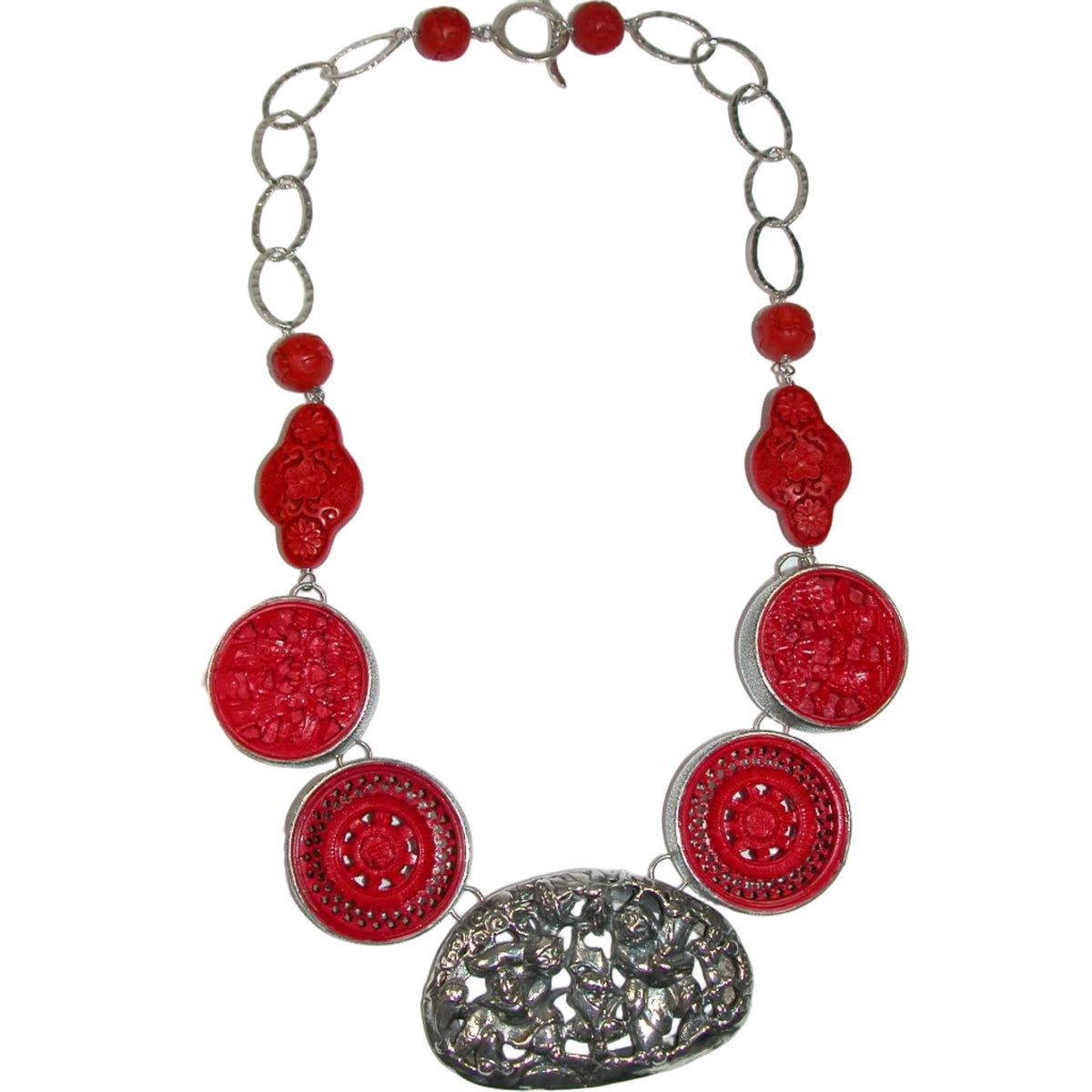 40266 Vintage Red Carved Cinnabar Sterling Silver One of a Kind Necklace