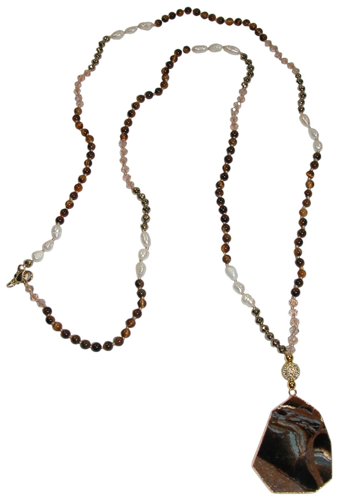 N5574 Tiger Eye Pendant Pearl Long Necklace
