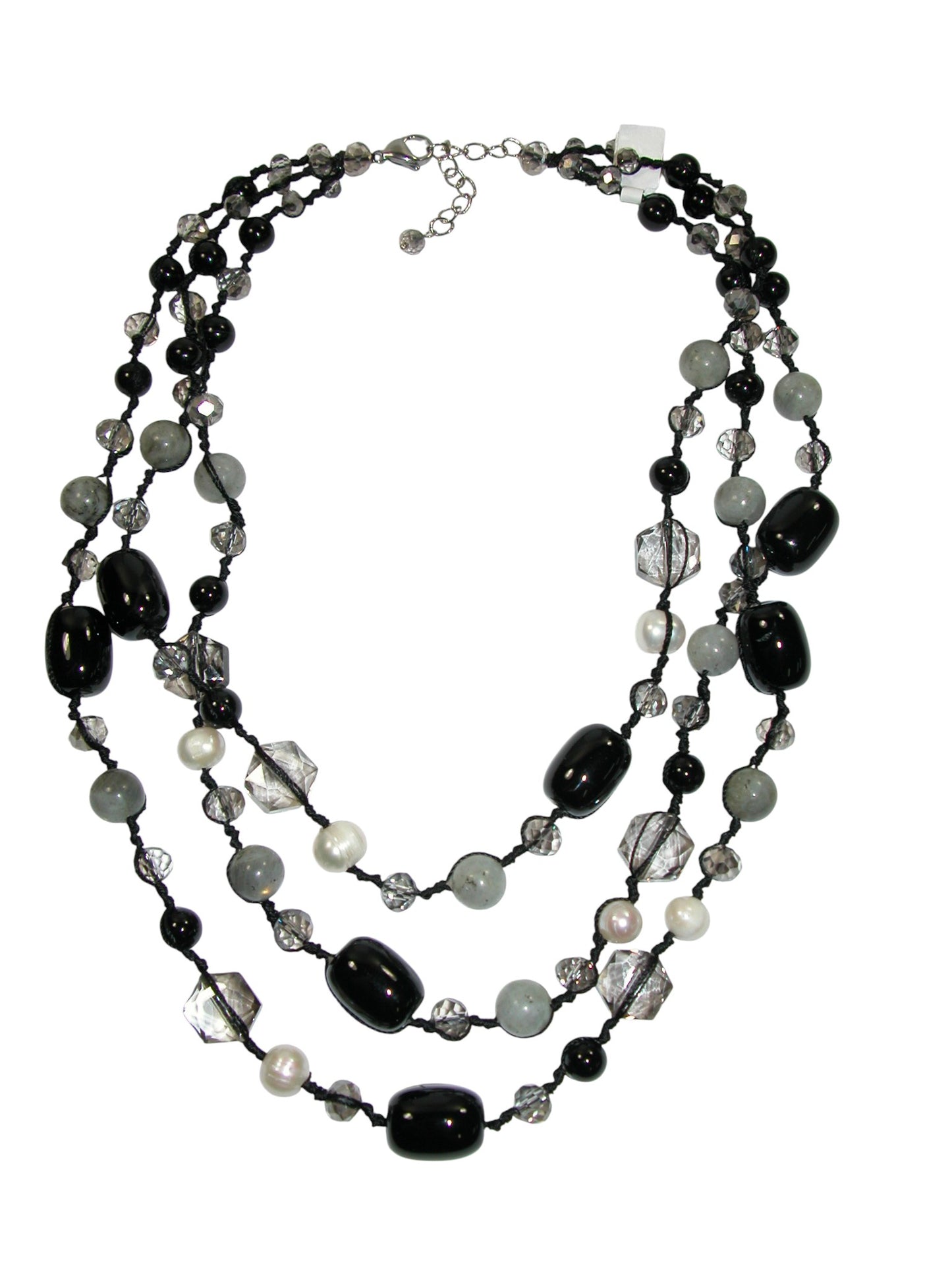 N5010B Black Agate 3 Strand Knotted Necklace