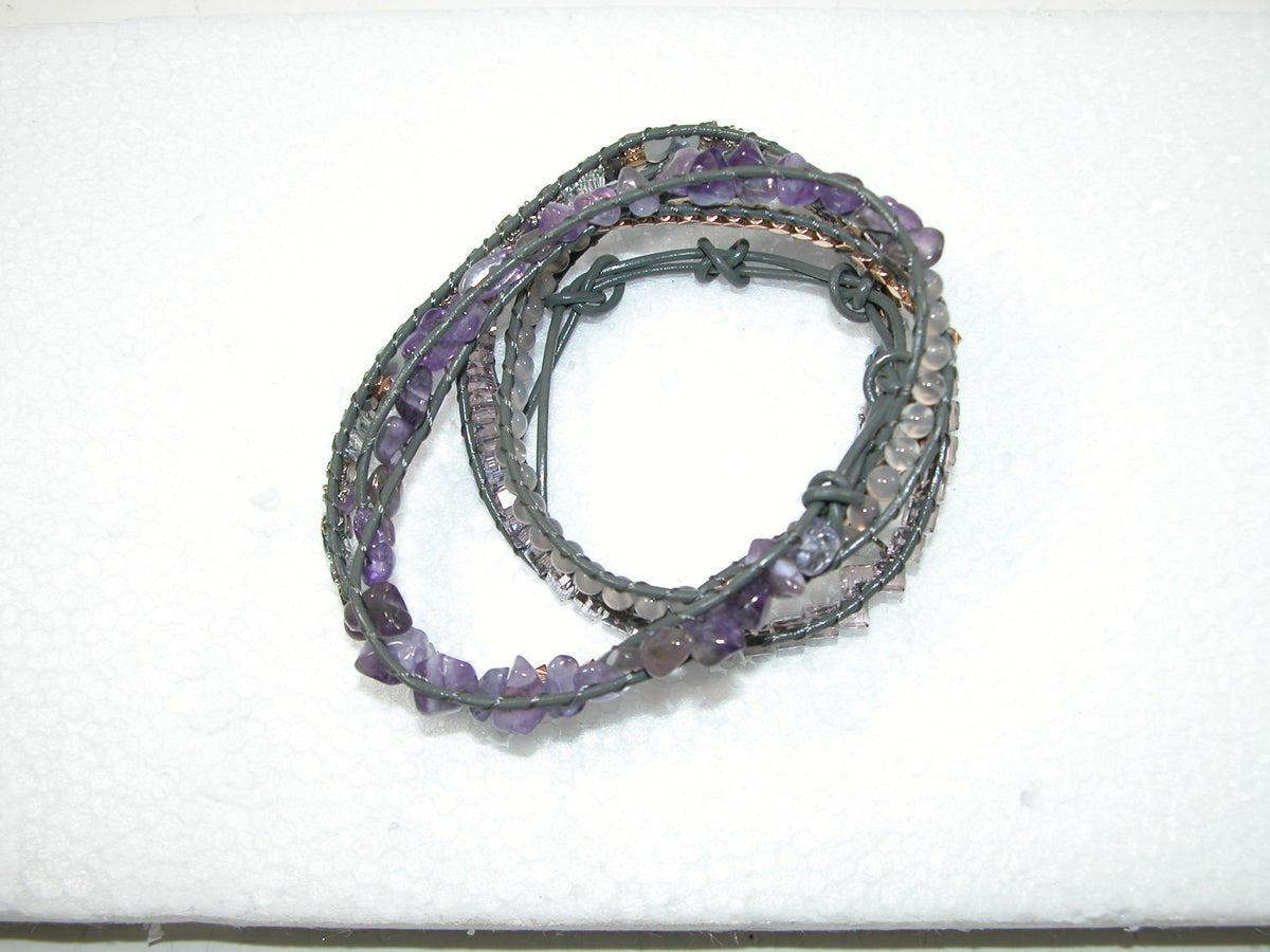 Multi Wrap Leather Bracelet, Amethyst, Hematite, Crystal