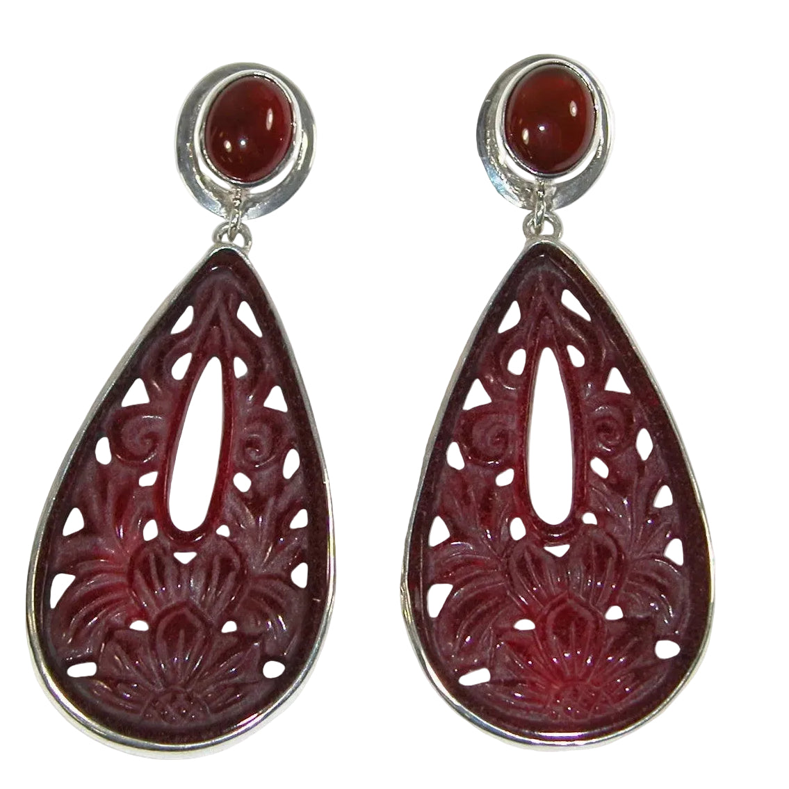 34478 Carved Red Agate Carnelian Sterling Silver Earrings