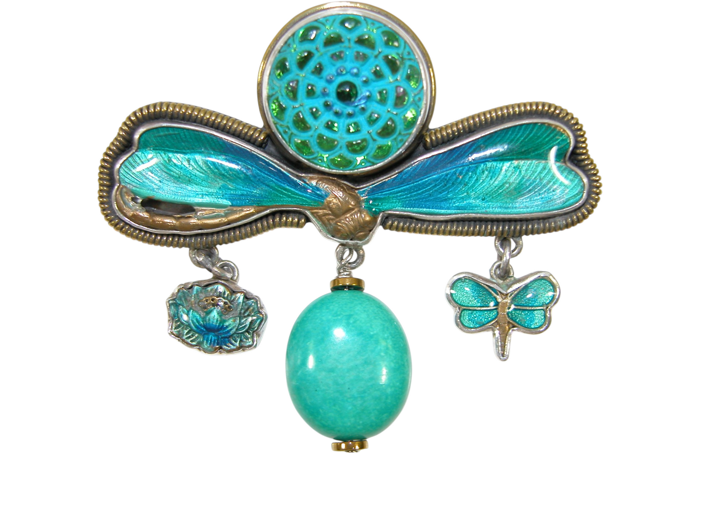 31357A Czech Glass Button Hand Enameled Dragonfly Lotus Sterling Silver EPin pendant