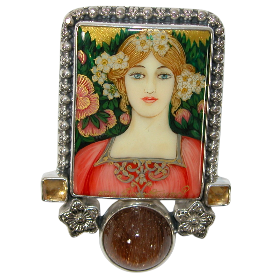 40096 Painted Miniature Rutilated Quartz, Citrine Pin and Pendant Sterling Silver