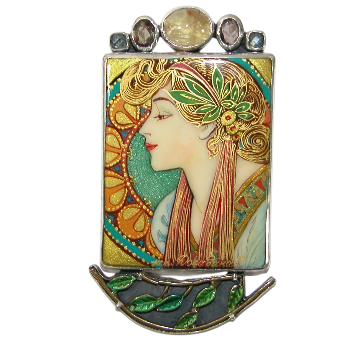 40083 Painted Mucha Miniature Rutilated Quartz, Blue Topaz Pin and Pendant Sterling Silver Pin Pendant