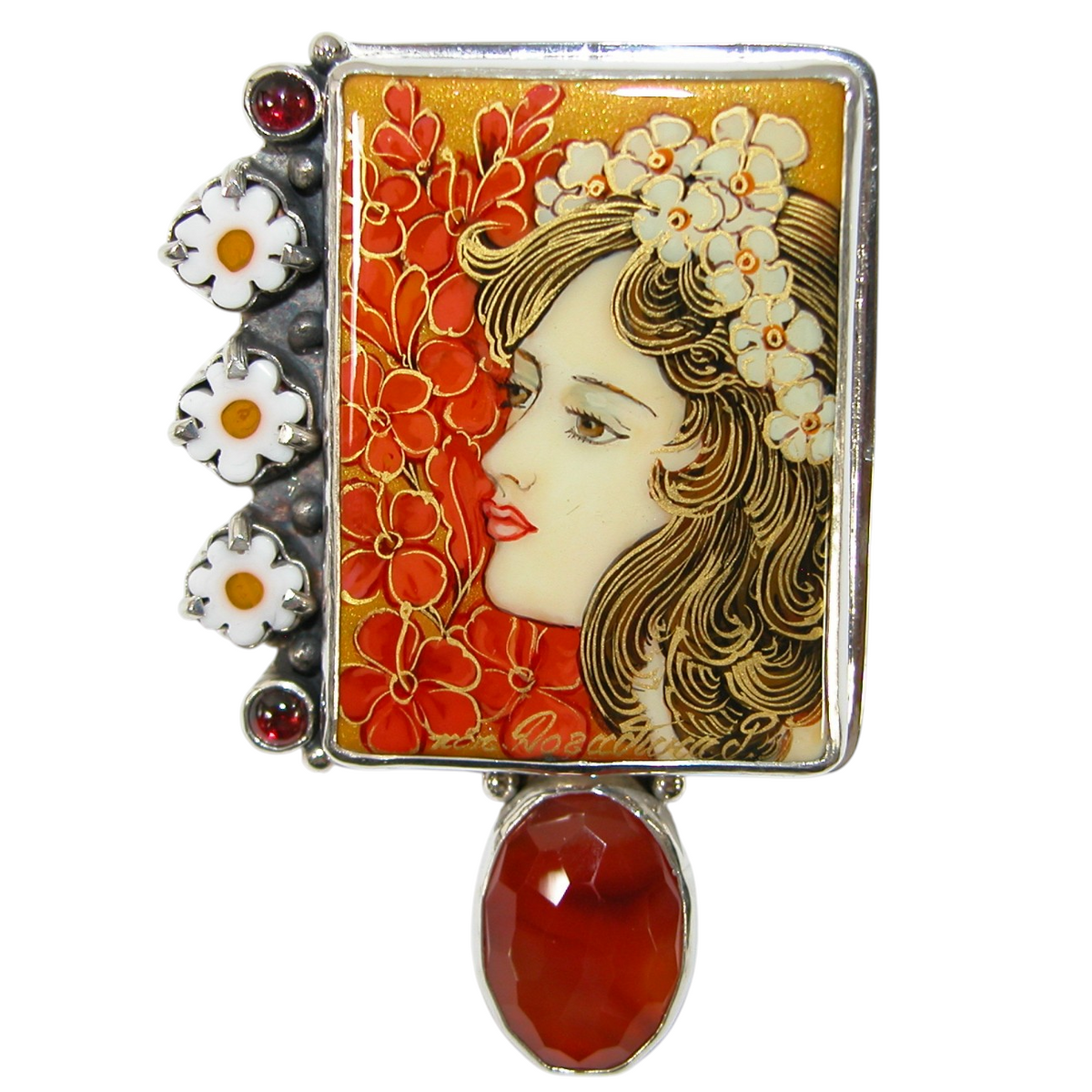 40087 Painted Mucha Miniature, Carnelian Pin and Pendant Sterling Silver