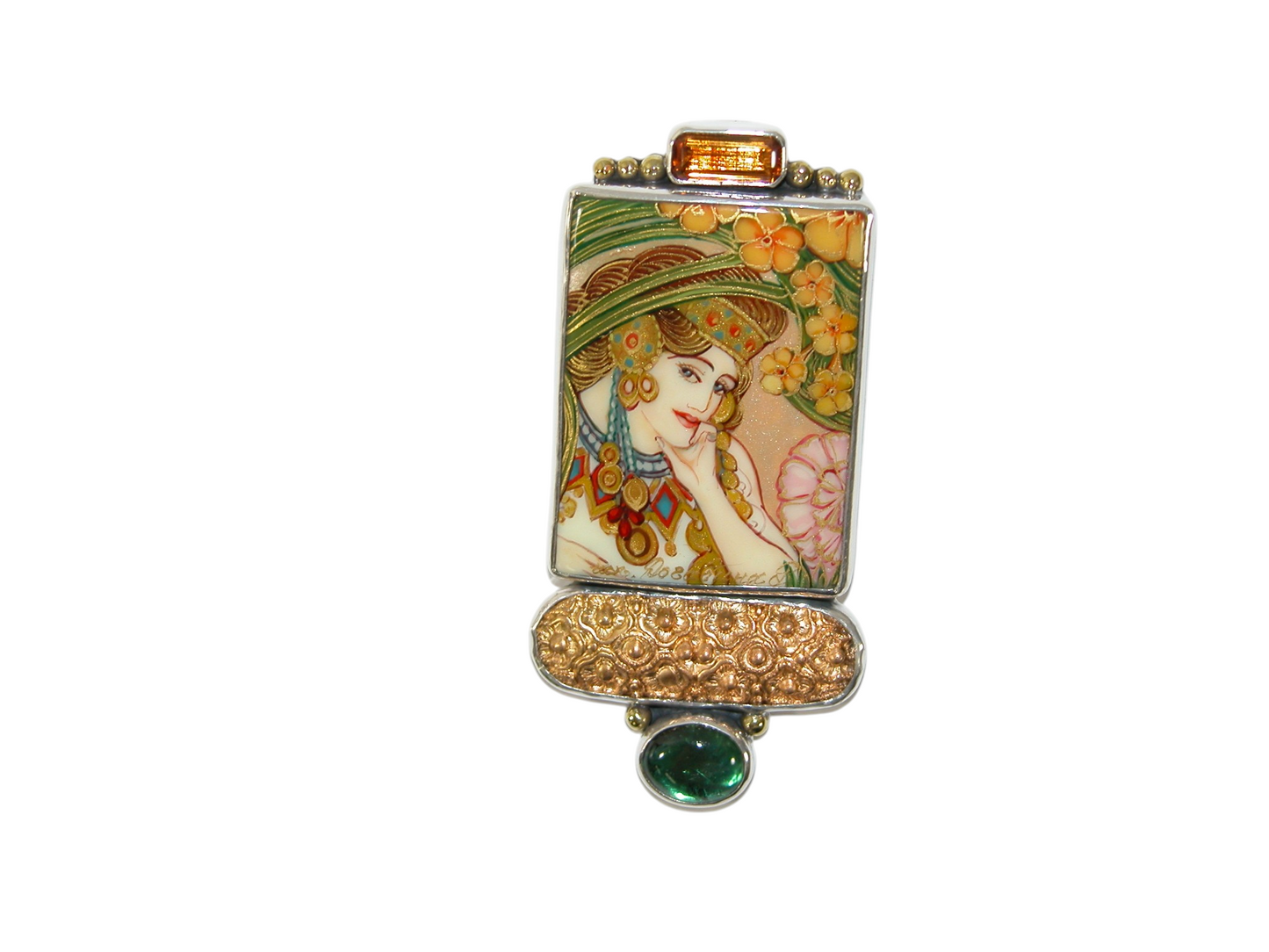 40093 Painted Mucha Miniature Quartz Pin and Pendant Sterling Silver