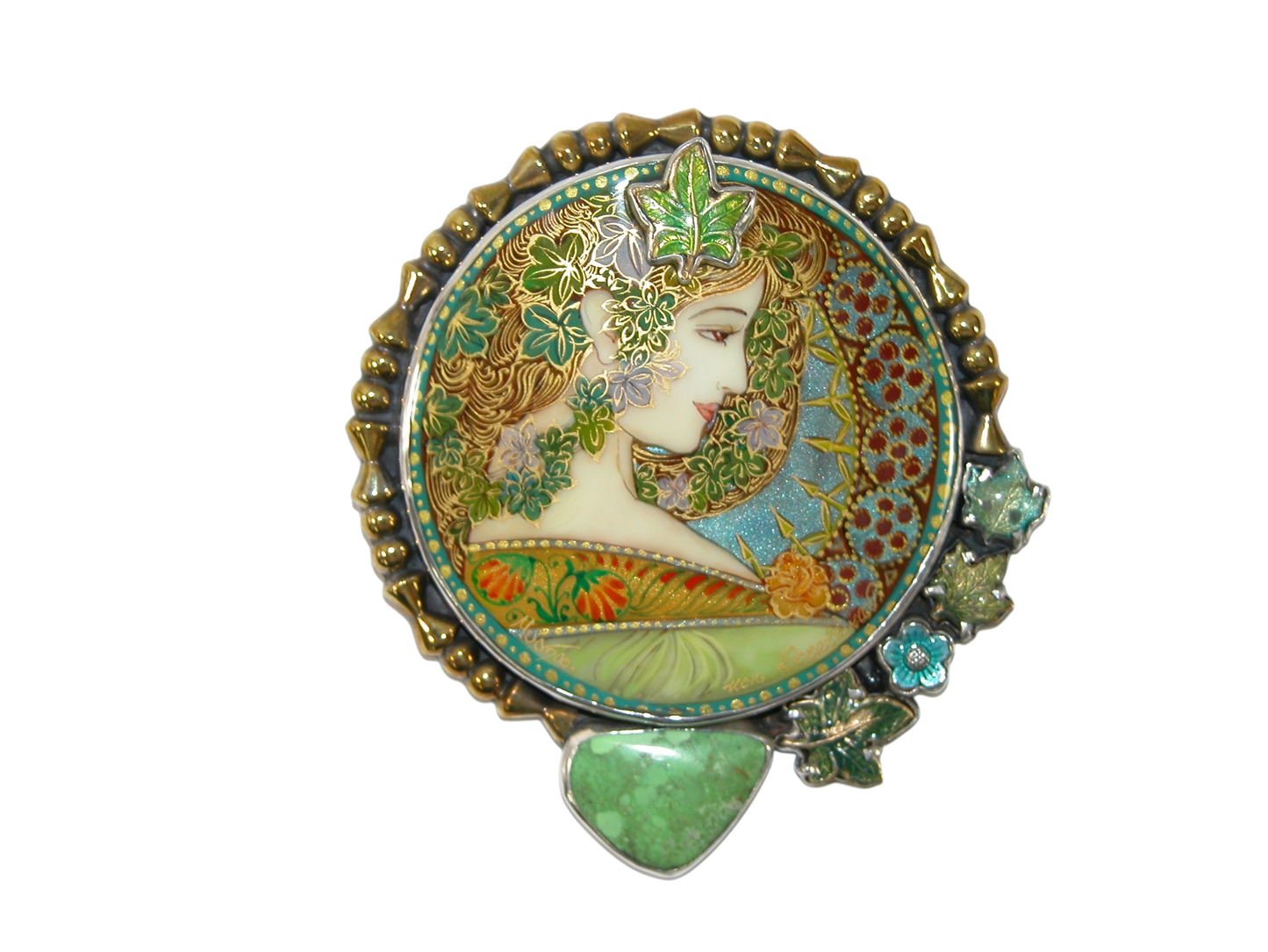 40091 Painted Mucha Gaspeite Pin and Pendant Sterling Silver