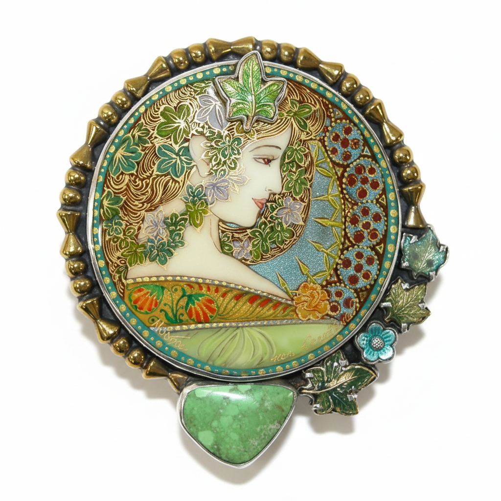 40091 Hand Painted Lady Mucha set in Sterling Silver Pin and Pendant