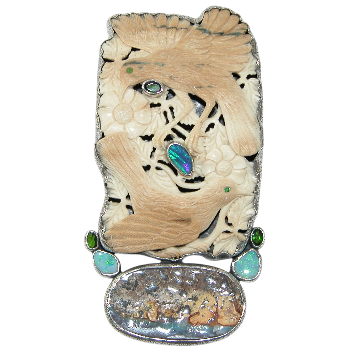 40094 Hand Carved Fossil Birds, Boulder Opal, Opal, Chrome Diopside Sterling Silver Pin Pendant