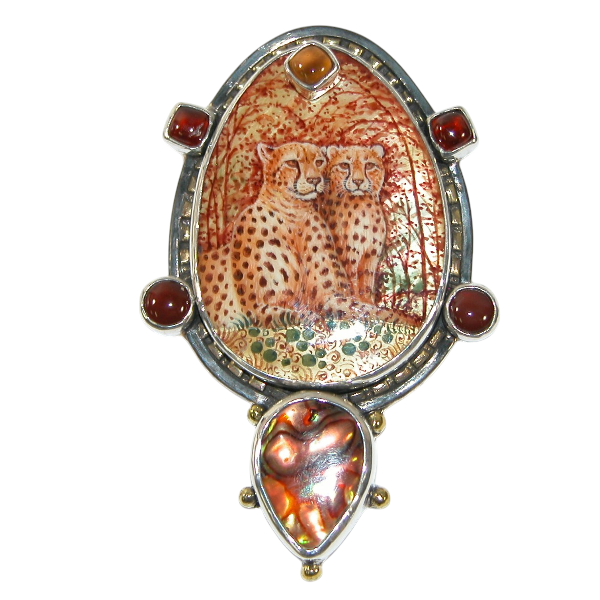 40082 Painted Leopard on Mother of Pearl Abalone Pin Pendant