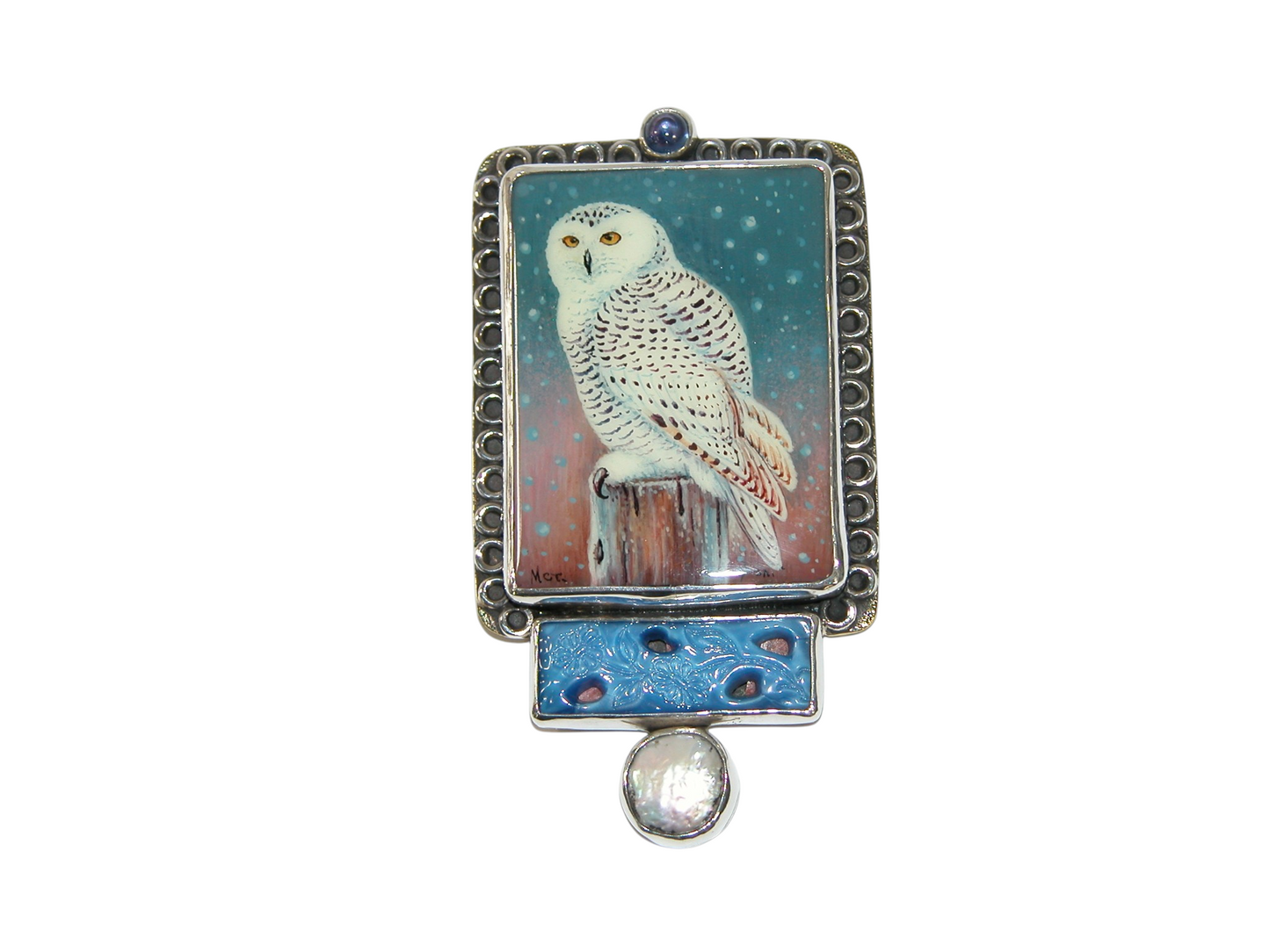 40080 Painted Owl Pearl Sterling Silver Pin and pendant