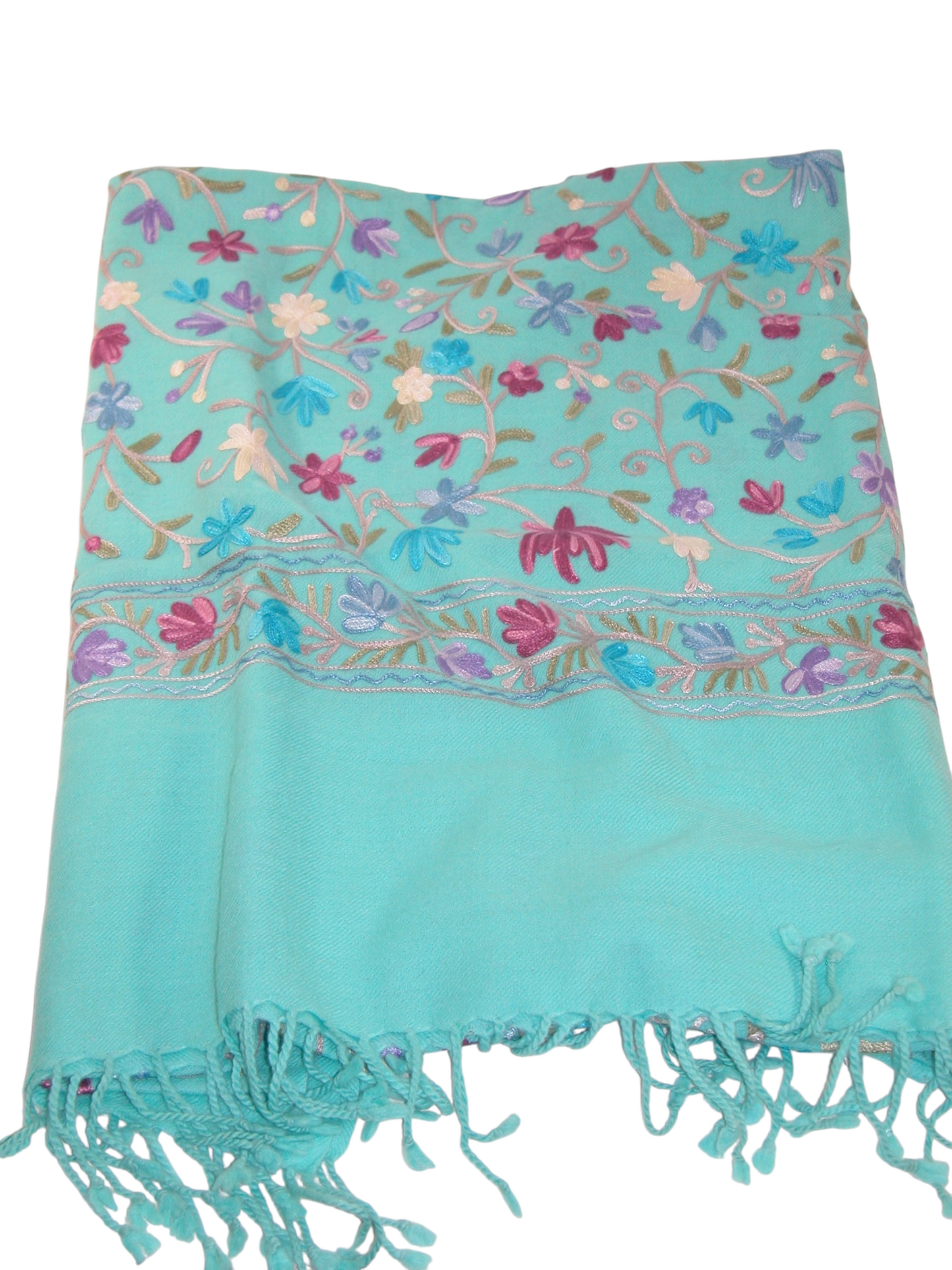 Embroidered Shawl Turq Purple Pink Flowers GF4813
