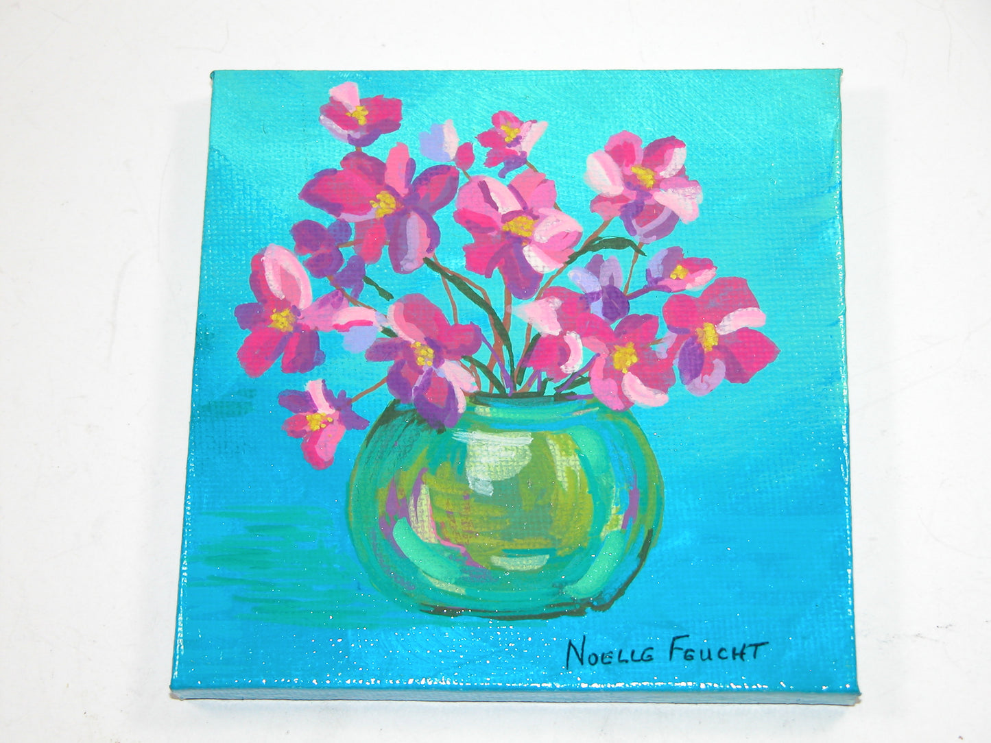 Original Acrylic Art By Noelle 4" X 4" Pink Flower Vase ART214