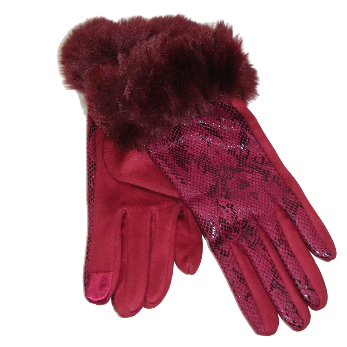 Burgundy Red Snakeskin Gloves with Faux Fur Trim GF5100