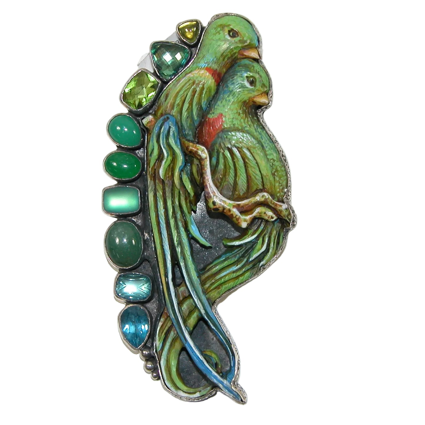 34422 Hand Carved Scrimshaw Birds Gemstone Sterling Silver Pin Pendant