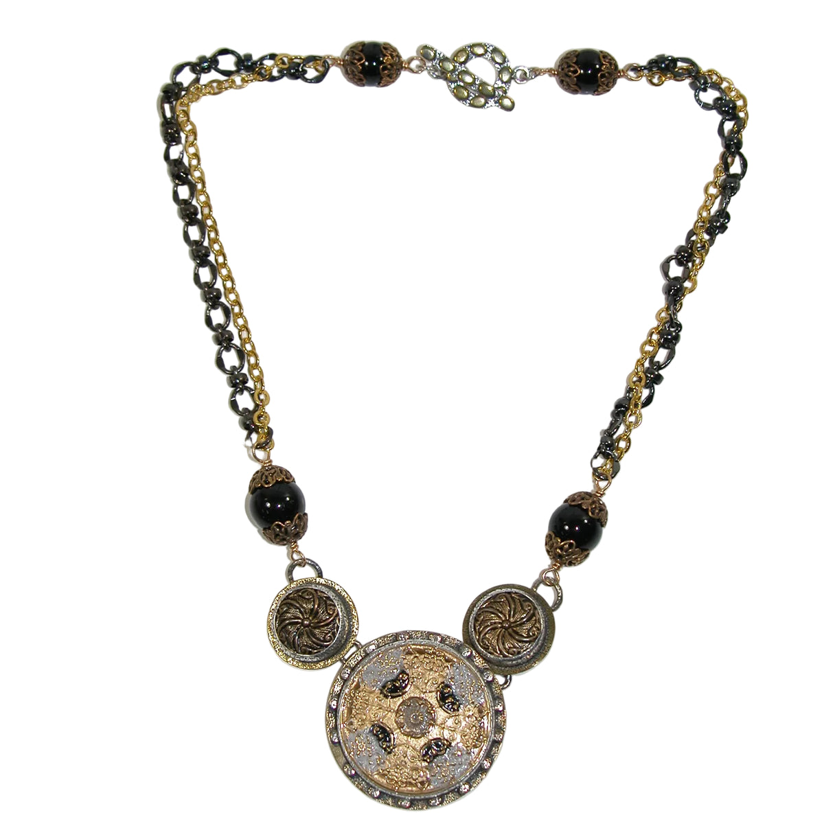 40123 Czech Glass, Vintage Buttons Sterling Silver Necklace