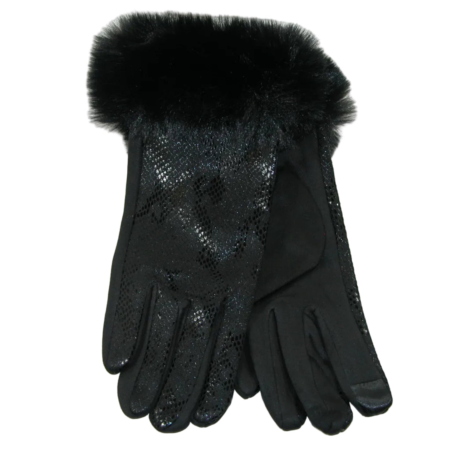Black Snakeskin Glove with Faux Fur Trim GF5165