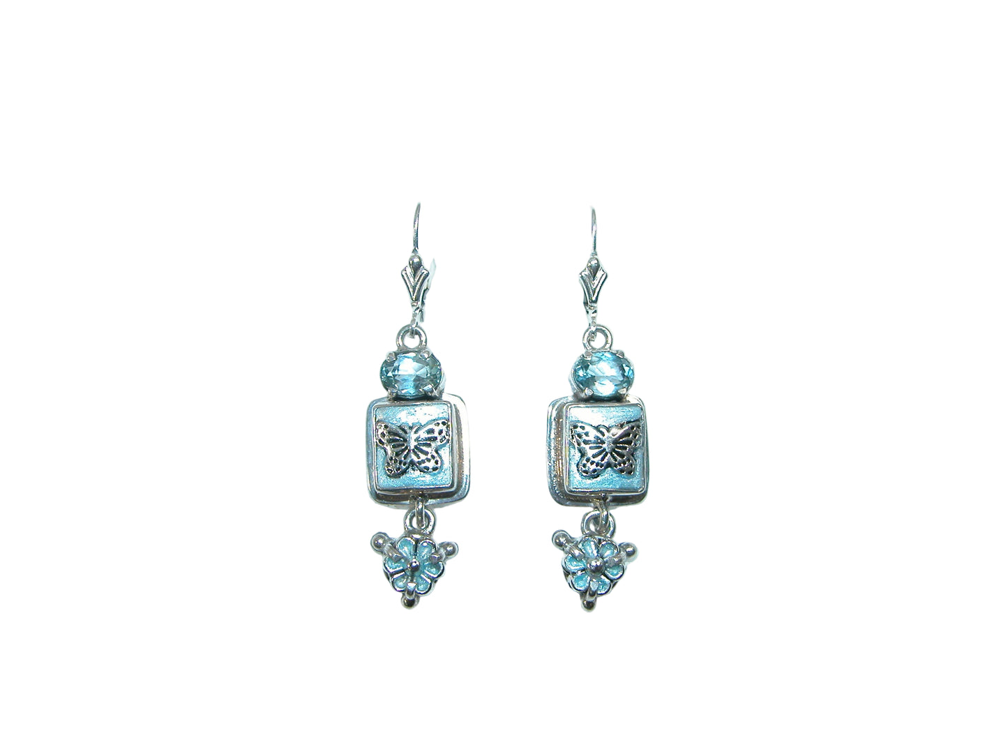 31264L Blue Topaz, Hand Enameled Butterfly, Sterling Silver Earrings