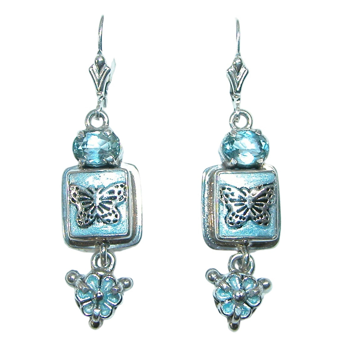 31264L Blue Topaz, Hand Enameled Butterfly, Sterling Silver Earrings