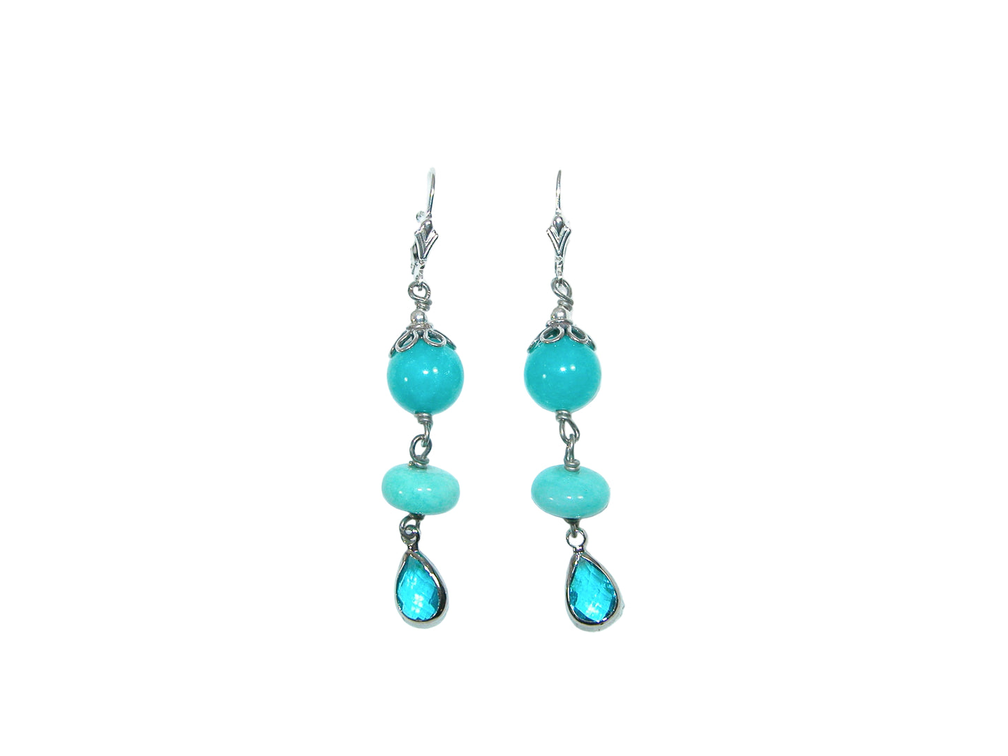 32569L 3 Stone Amazonite, Celestial Quartz, Sterling Silver Earrings