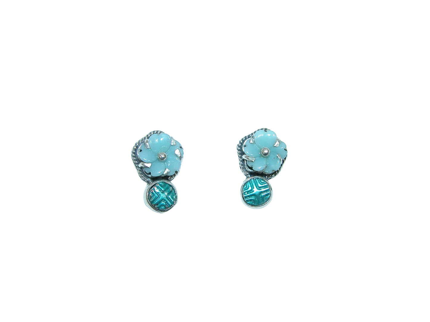 32194A Amazonite Carved Flower, Hand Enameled, Sterling Silver Earrings