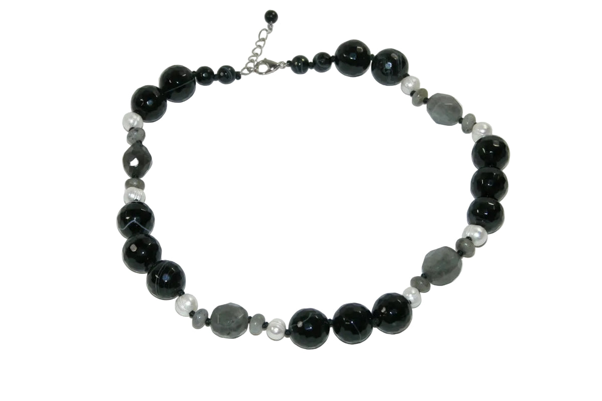 40186 Labradorite, Freshwater Pearl, Black Onyx, Sterling Silver Necklace