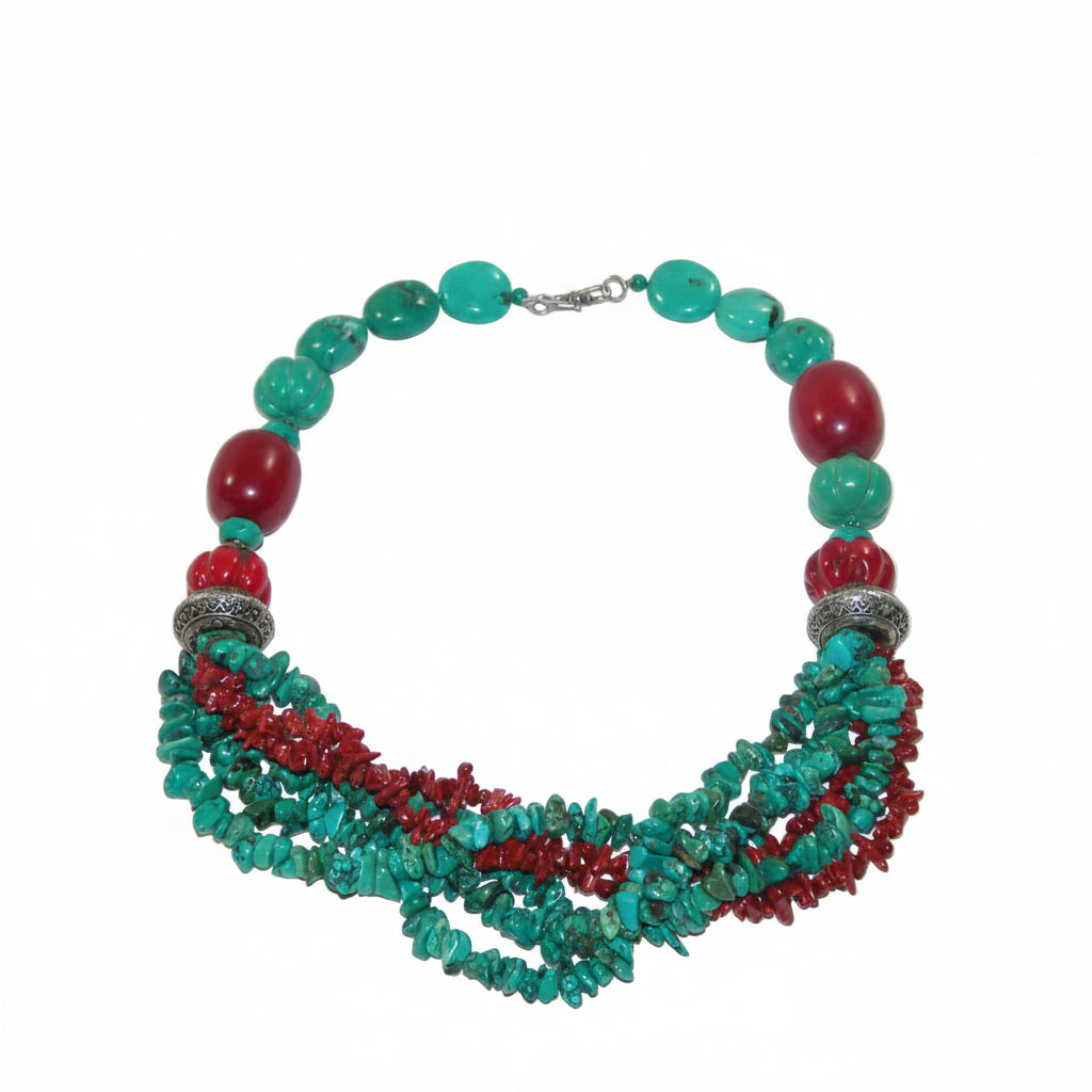 11011 Turquoise, Coral Sterling Silver Necklace