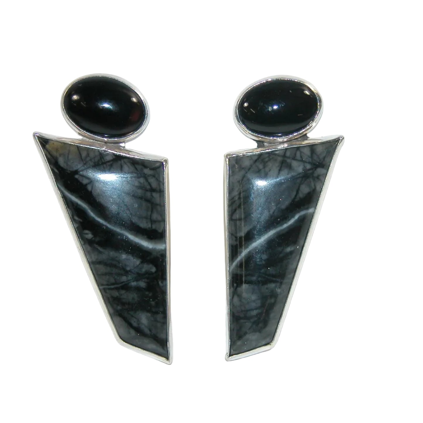 34460A Black Onyx and Picasso Marble Sterling Silver Earrings