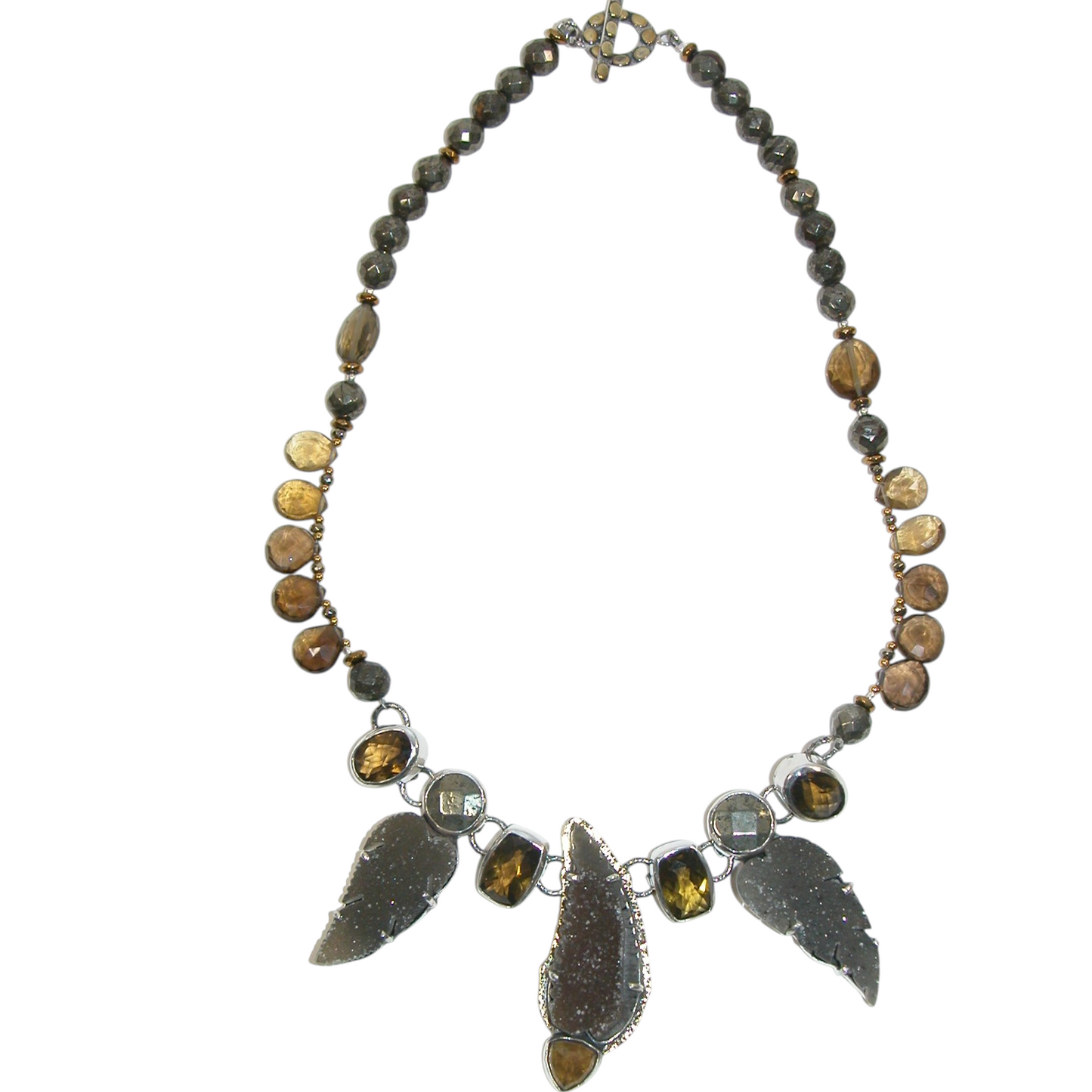 40180 Drusy Agate Leaf Cognac Topaz Sterling Silver Collar Necklace