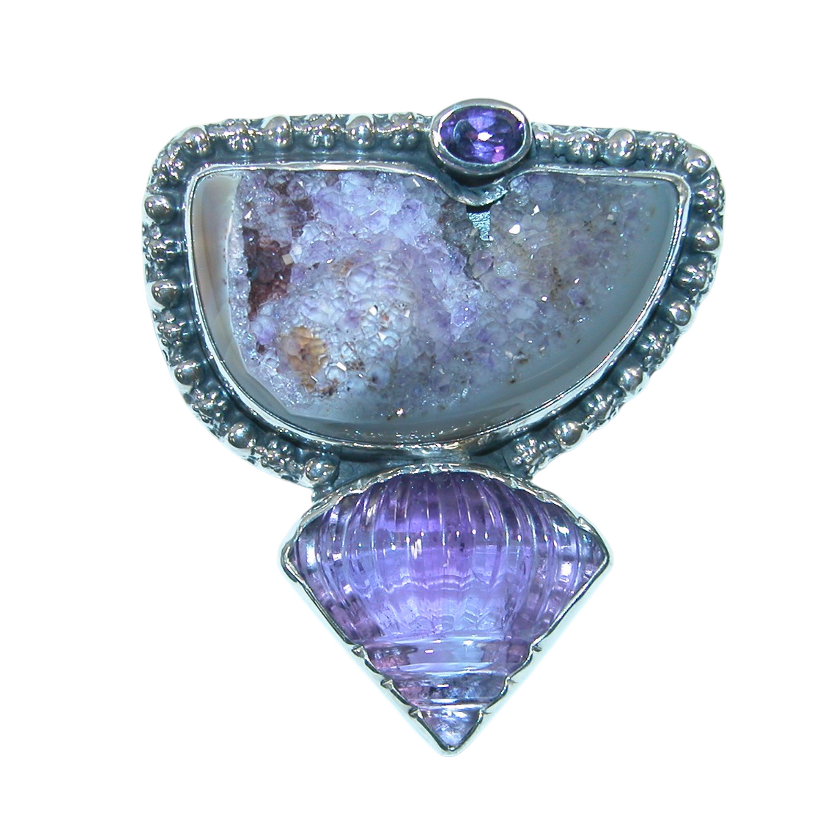 40150 Carved Amethyst Drusy Sterling Silver Pin Pendant