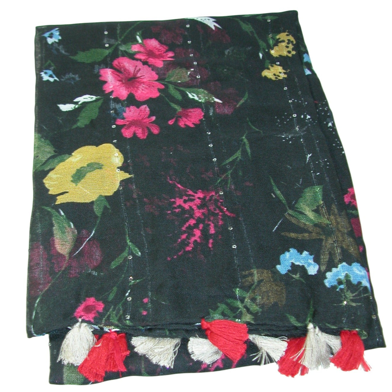 Black Floral Scarf Shawl, Silver Sequin Details GF4128